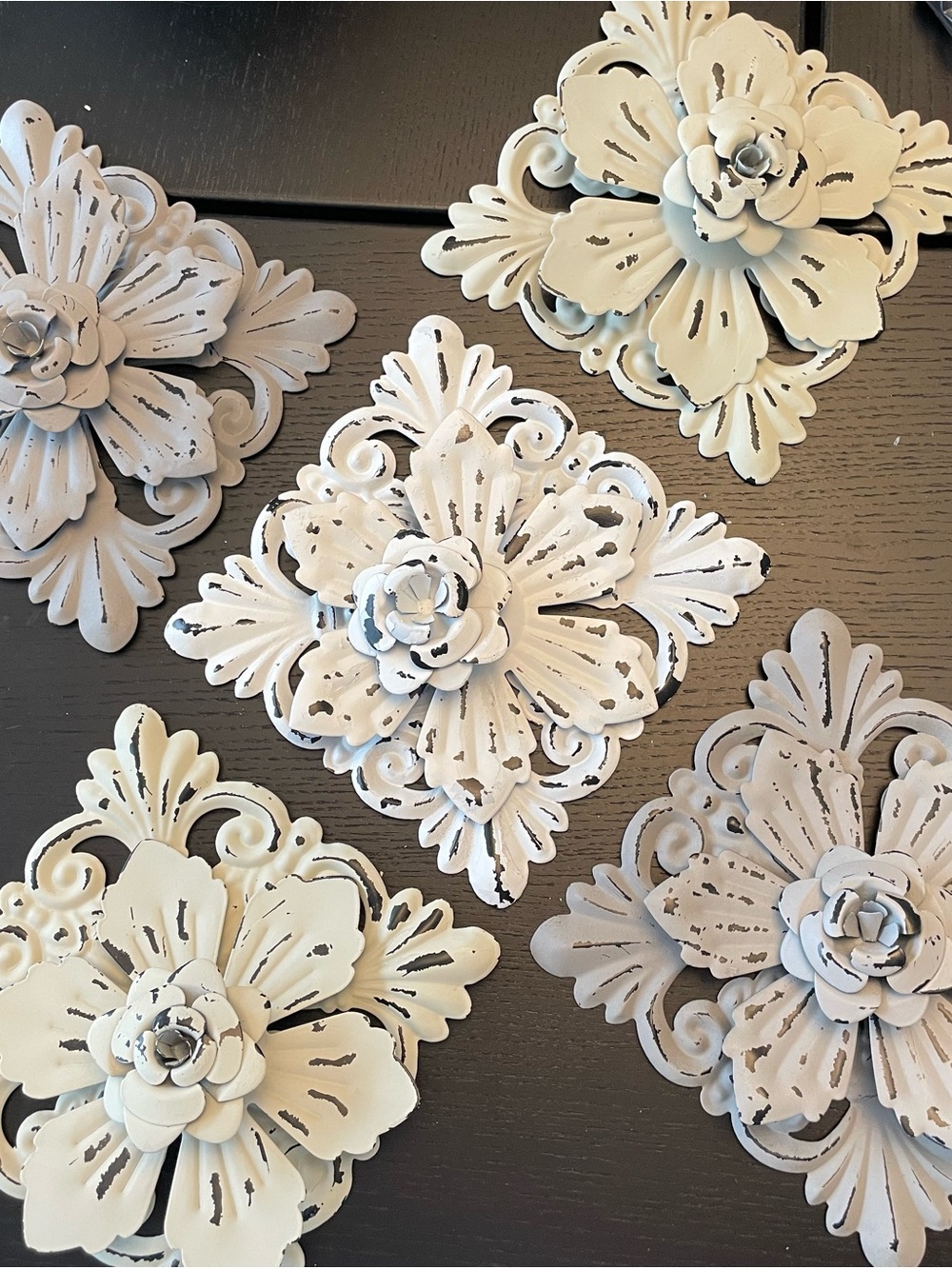 Decorative White Distressed Metal Wall Medallions - Set of 5